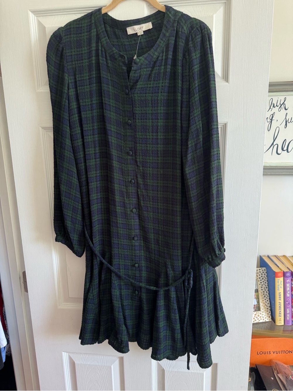 LOFT Green and Navy Plaid Button-Front Long Sleeve Dress NWT